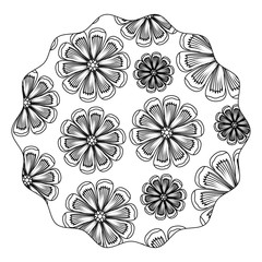 circular frame with floral design over white background, black and white design. vector illustration
