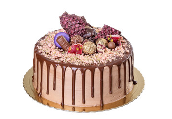 Chocolate cake with peanuts. On a white background.