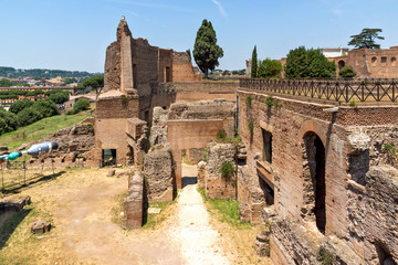 Panoramic view of ruins in Palatine Hill in city of Rome, Italy
