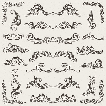 Vector set of Swirl Elements for design. Calligraphic page decoration, Labels, banners, antique and baroque Frames floral ornaments. Old paper