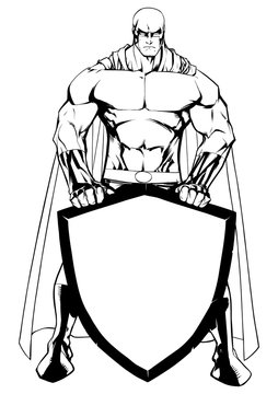 recommend clip art: Line art illustration of powerful superhero holding big shield with copy space.