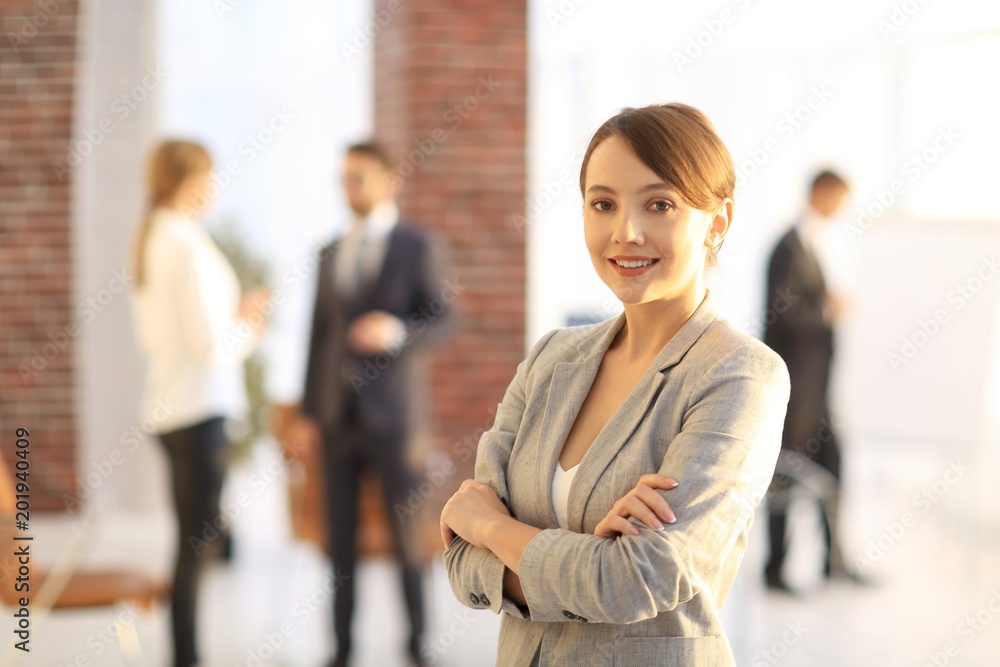 Sticker portrait of confident business woman on the background of the office.