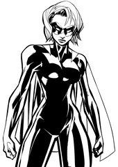 Line art illustration of powerful superheroine ready for battle.