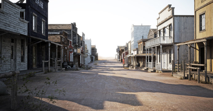 Western town road with various businesses and depth of field . 3d rendering