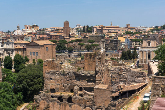 Panoramic view from Palatine Hill to city of Rome, Italy