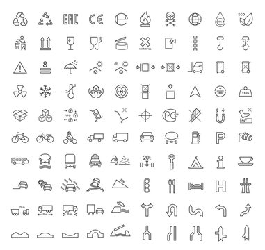 Set of 100 High Quality Standard Universal Minimal Packaging and Traffic Black Icons on White Background . Isolated Vector Elements