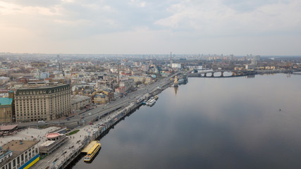 Beautiful View of the Dnieper river, River station, Havana bridge and Naberezhno-Kreschatitska street in Kiev, Ukraine.