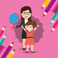school teacher woman and little girl student with globe map vector illustration