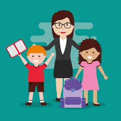 teacher and happy pupils and backpack book vector illustration