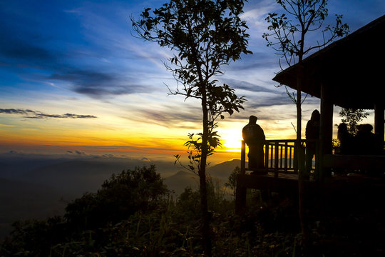 Sunrise beautiful silhouette tourist