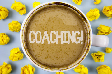 Conceptual hand writing showing Coaching Motivational Call. Business photo text Tough training begins to improve your skills written on Coffee in Cup within Paper Balls on plain background.