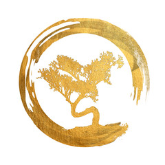 Bonsai Tree, Enso Circle, Feng Shui Symbol, Asian Art Calligraphy, Gold, Golden, Japanese / Chinese - Copy, Text, Body Space - Background Isolated