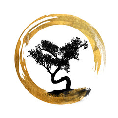 Bonsai Tree, Enso Circle, Feng Shui Symbol, Asian Art Calligraphy, Japanese / Chinese - Copy, Text, Body Space - Background Isolated