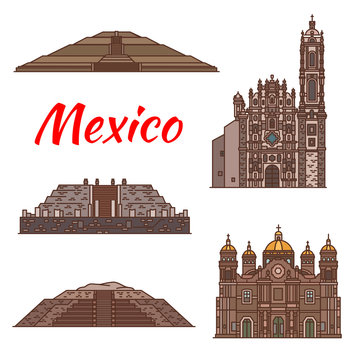 Mexico landmarks vector Aztec architecture icons
