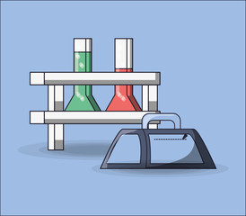 school objects design with chemical flasks and pencil case over blue background, colorful design. vector illustration