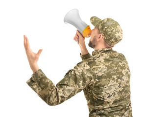Military man shouting into megaphone on white background