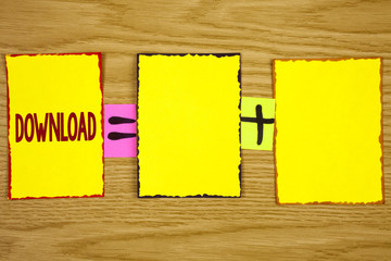 Handwriting text writing Download. Concept meaning Saving multiple file attachments to local hard disk drive location written on Sticky Note Paper on wooden background. Equation with Plus sign.