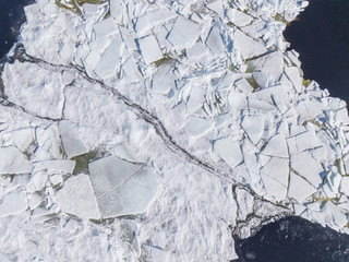 Aerial view of the ice texture broken into pieces of different shapes and sizes 