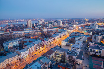 Evening Voronezh downtown. Aerial view from skyscraper roof height to Revolution prospect - central street of Voronezh