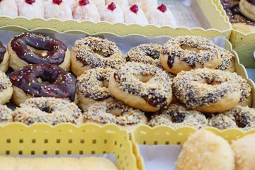 A lot of donut and strawberry jam