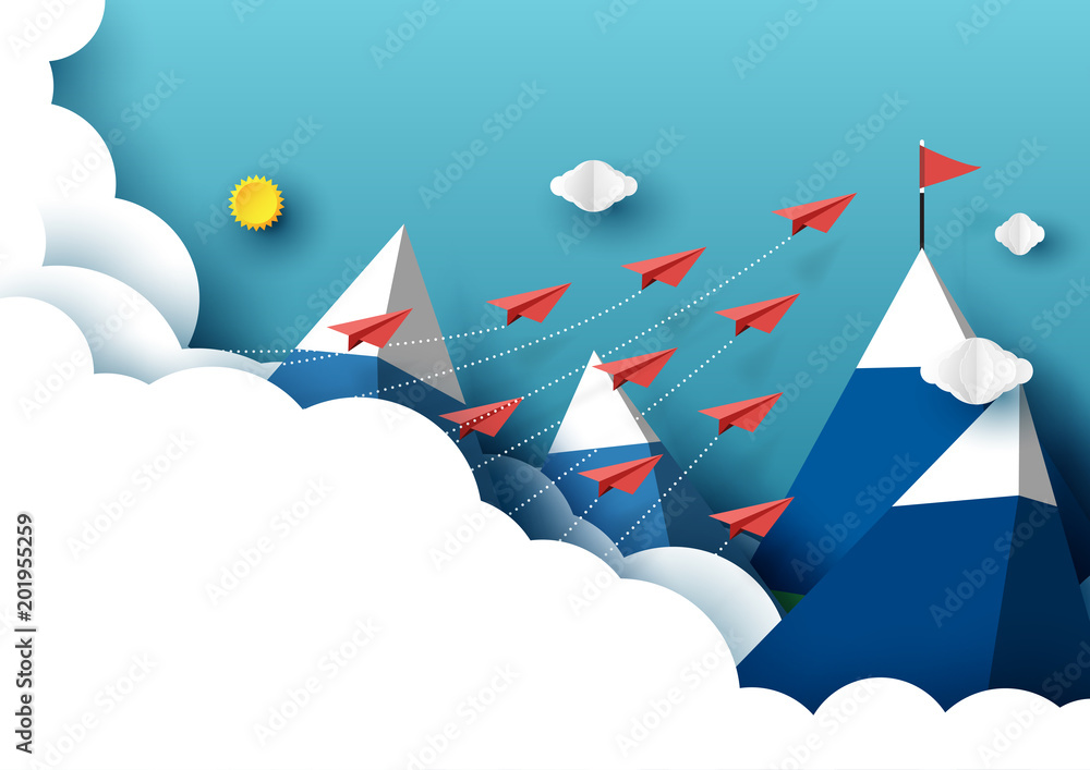 Poster paper airplanes flying from clouds to red flag on the peak of mountain and blue sky.paper art style 