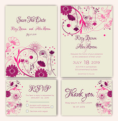 Vector set of invitation cards with flowers elements Wedding collection