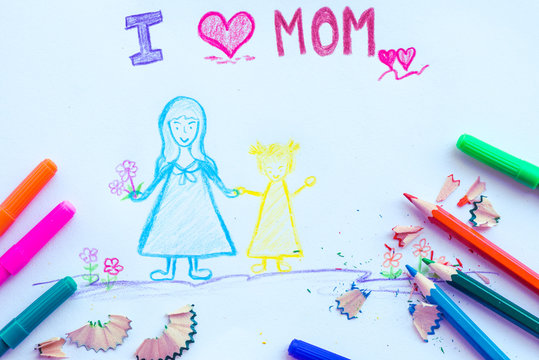 Kid drawing of mother holding her daughter for happy mother's day theme concept.