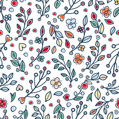 Flower and grass. Cute twigs with leaves. Seamless pattern