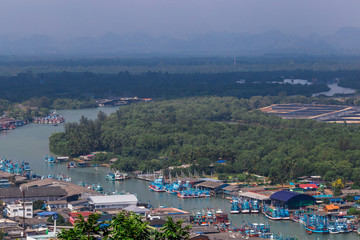 Fototapeta na wymiar Fisherman Village. Pak Nam Chumphon. View from Khao (Hill) Matsee Viewpoint in Chumphon province, Thailand at viewpoint time