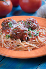 Meat balls with spaghetti pasta and tomato sauce
