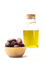 Olive Oil and Olives on a White Background