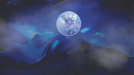 Verduisterende rolgordijnen Volle maan en bomen Sciencefiction landschap. 3D-rendering afbeelding.