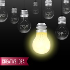 Creative light bulb Idea concept. Hanging light bulbs with glowing one on a black background