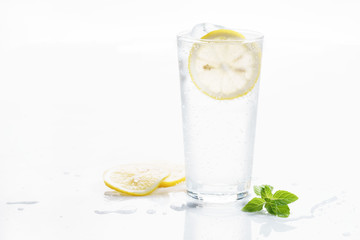 glass of lemon sparkling water.