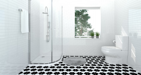 bathroom interior,toilet,shower,modern home design 3D Illustration for copy space background white tile bathroom