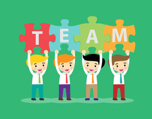 businessmen with puzzle pieces with the word team. Vector illustration. Jigsaw. business idea concept. teamwork