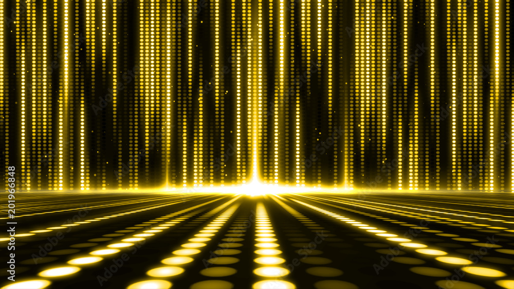 Poster Digital abstract moving golden glittering and elegance light dots pattern for stage show  background and screensaver