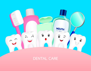 Cute cartoon tooth happily with dental tool. Dental care concept. Illustration isolated on blue background.