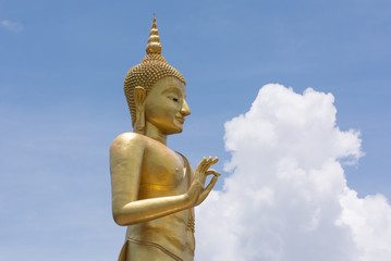 Fototapeta na wymiar Gold Buddha with blue sky background