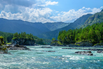 Naklejka na ściany i meble Landscape of a mountain river flowing among rocks and trees