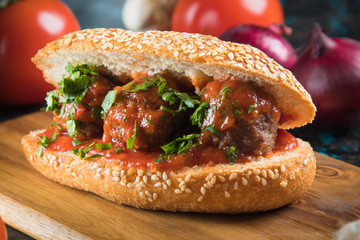 Meatball sandwich with tomato sauce