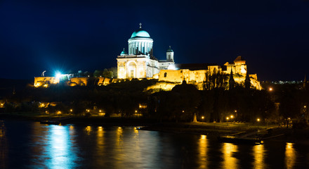 Basilica is religion landmark of Esztergom in illumination of Hungary