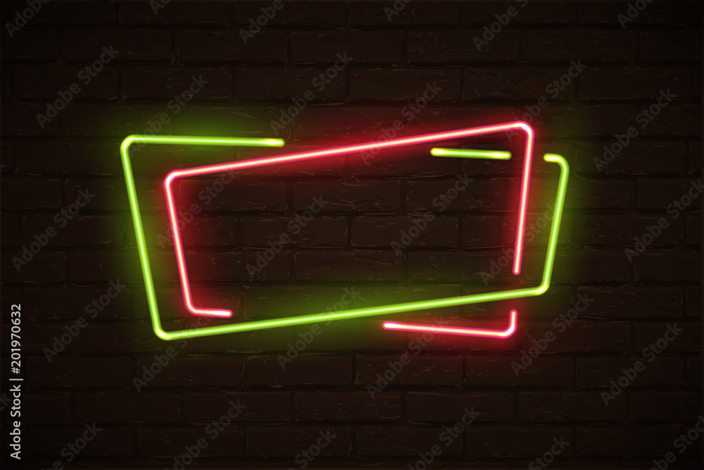 Poster frame made of overlapping green and red neon rectangles. vector neon design element isolated on blac