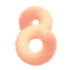 Number eight in fur childish style. Colorful cartoon fluffy gentle digit 8. Feathery fun pink digit. Vector isolated illustration