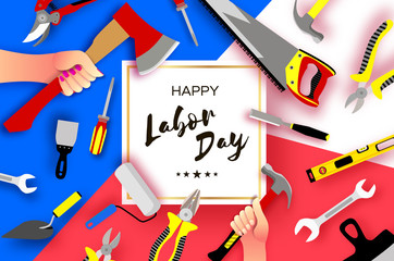 Happy Labor Day greetings card for national, international holiday. Hands workers holding tools in paper cut styl on sky blue. Square frame. Space for text.