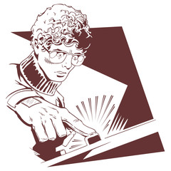 Man in glasses pushes button. Stock illustration.