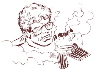 Man cuts wires with knife. Stock illustration.