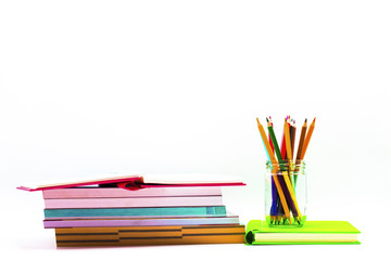 Books ,pen,pencil and office equipment on white  background, education and back to school concept,Clipping path