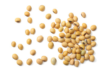 Soybeans isolated on white background. top view