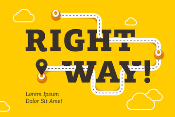Right way business concept with winding road and pin pointer on yellow background. Minimalistic business infographics, process direction, timeline diagram, digital marketing vector illustration.